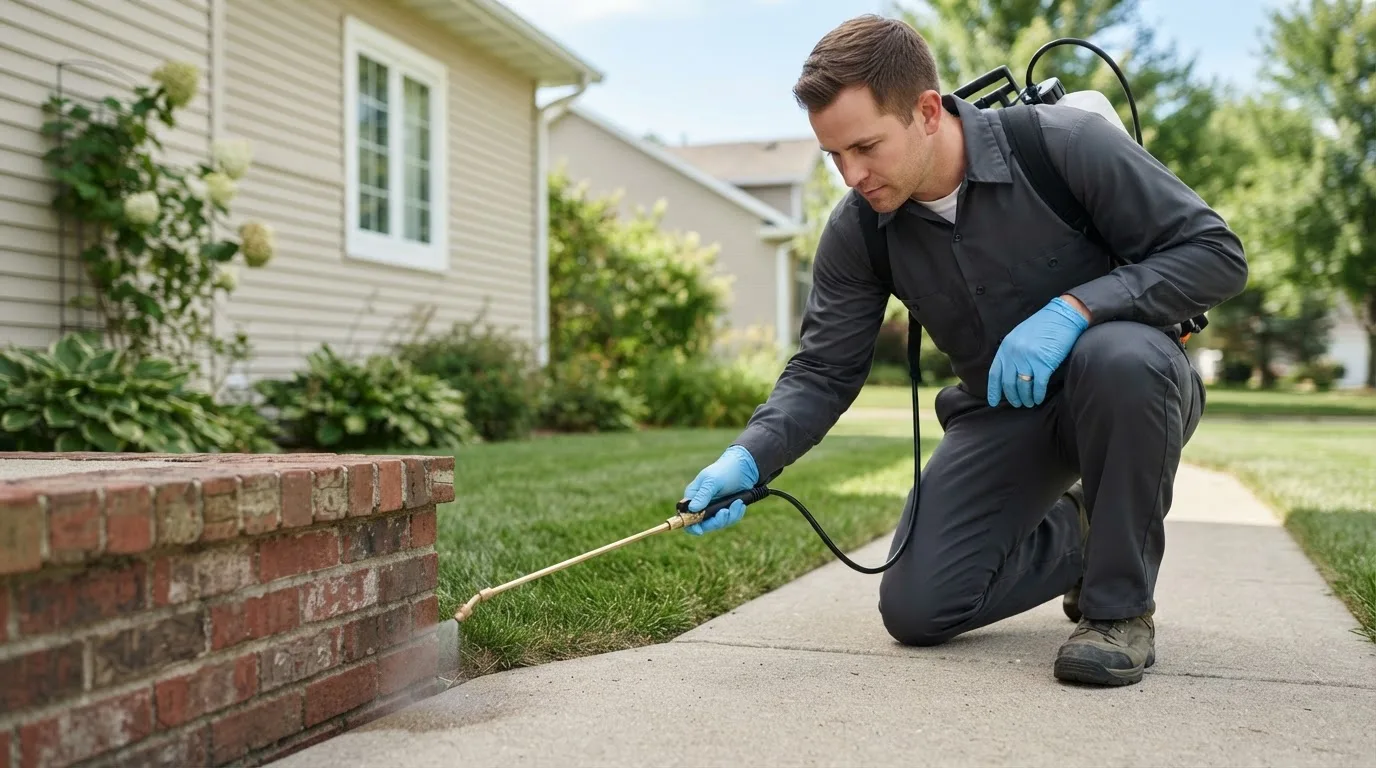 Pest control technician treating a home near Mead, WA